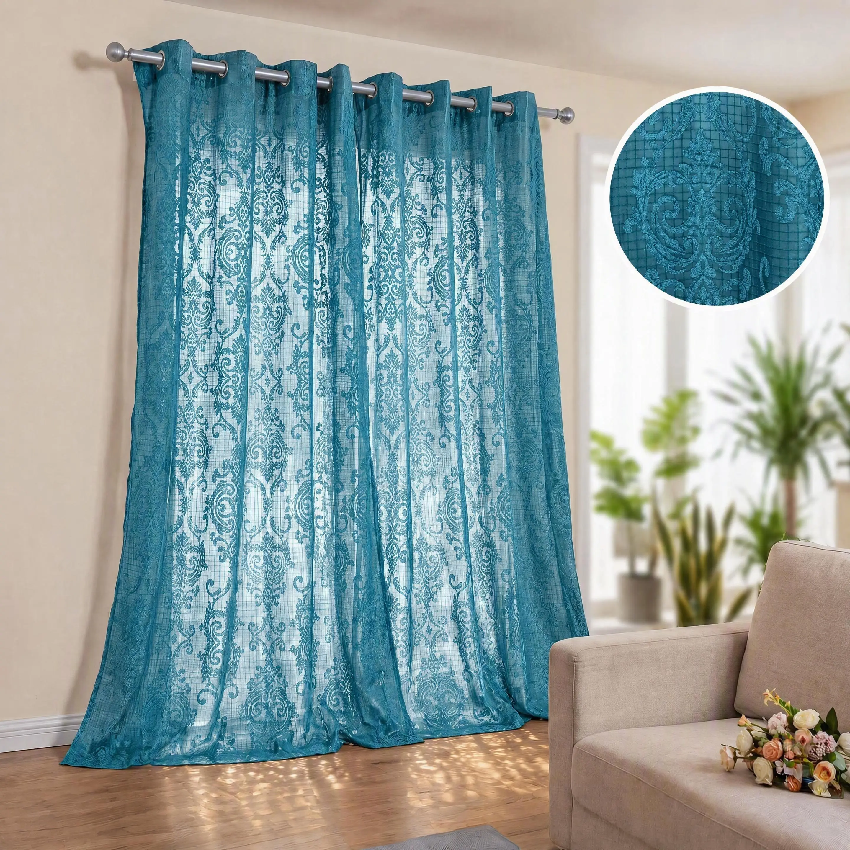 Jacquard Velvet Curtains 2 Panels Set 52x84 95 102 Inch, Geometric Textured Semi Sheer Light Filtering Grommet Window Drapes, Modern Simple Glare Blocking Easy Install Panels for Living Room Bedroom Balcony Restaurant Home Decor GRH5