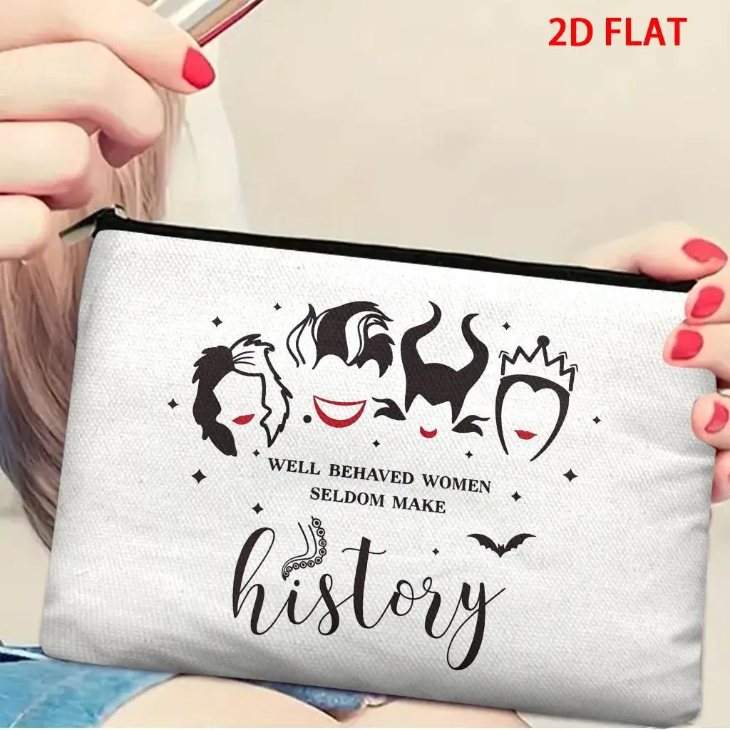 Stylized Female Character Silhouette & "Well Behaved Women Seldom Make History" Inspiring Print Cosmetic Bag, Colorful with Star & Bat Accents, 5.9×8.66inch Portable Makeup Pouch for Travel & Daily Beauty Essentials Storage