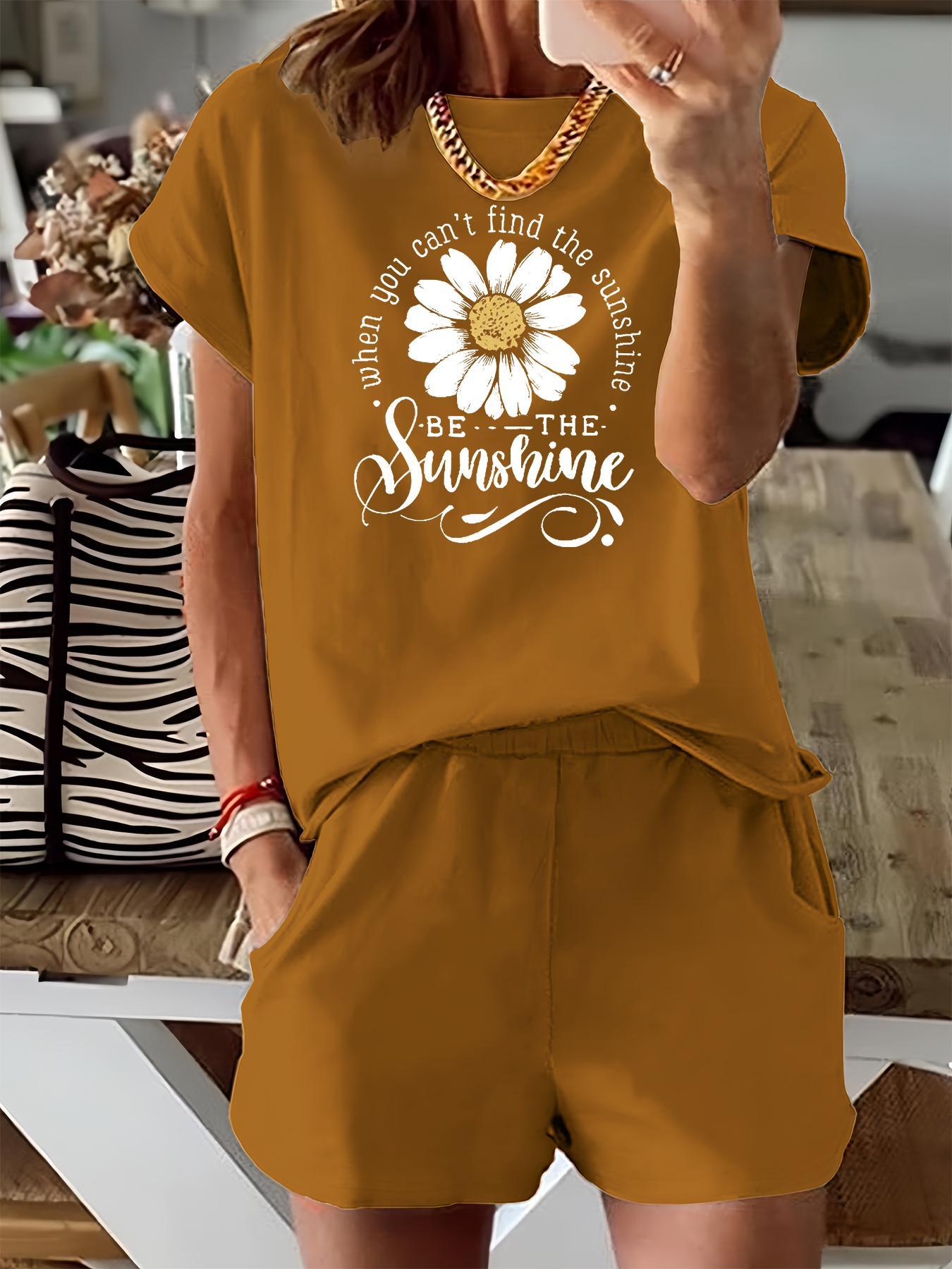 Women's Floral & Letter Print Two-piece Set, Casual Fitted Short Sleeve Tee & Elastic Waist Shorts Set, Ladies Summer Outfits for Daily Wear