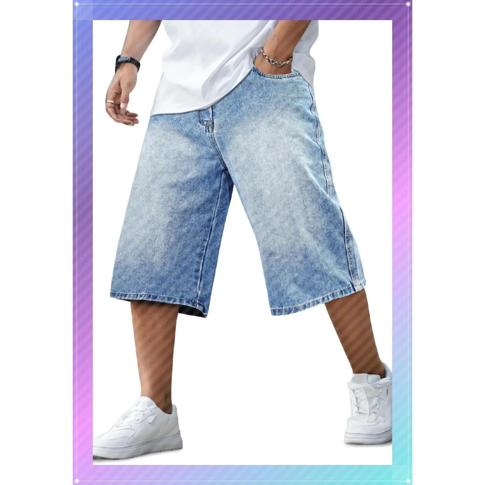 GINGTTO Men's Oversized Baggy Denim Shorts, 14-in Inseam Loose Fit Below Knee, Streetwear Menswear Stylish Breathable Casual Shorts (Gift)