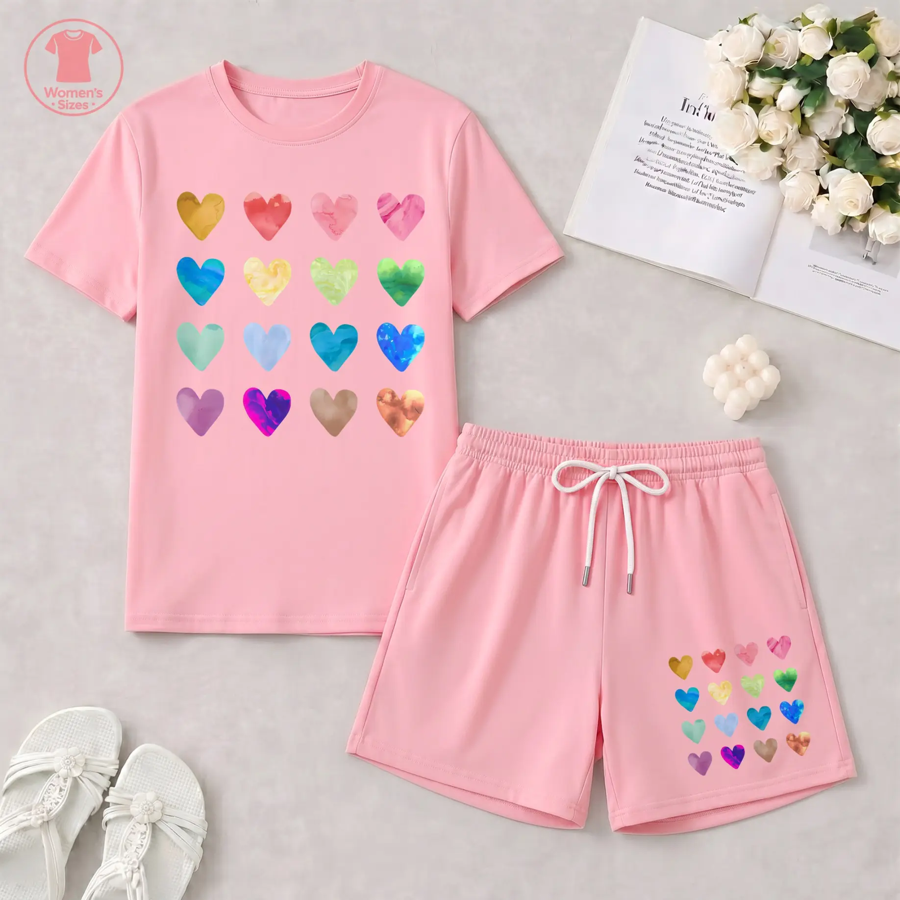 Women’s Colorful Watercolor Heart Graphic T-Shirt & Drawstring Shorts Set, Cute Casual Summer Two-Piece Outfit for Vacation, Travel, Lounge and Everyday Wear