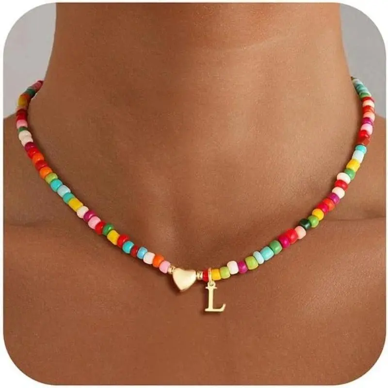 Colorful Beaded heart Initial Necklace for Women Teen Girls14K Gold Plated Initial Choker Necklaces Jewelry, A-Z Birthday Gifts
