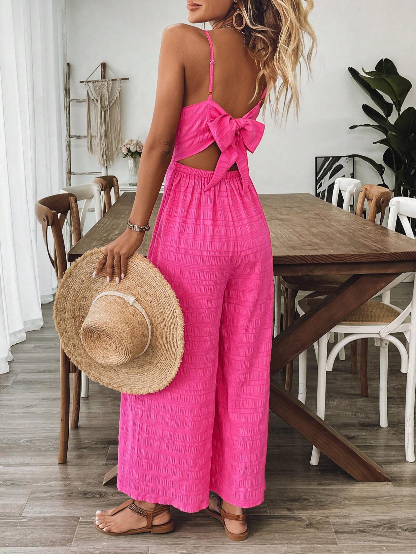 Women's Plain Bow Decor Jumpsuit, 1 Count Casual Sleeveless Cami Jumpsuit for Daily Wear, Ladies Clothes for All Seasons