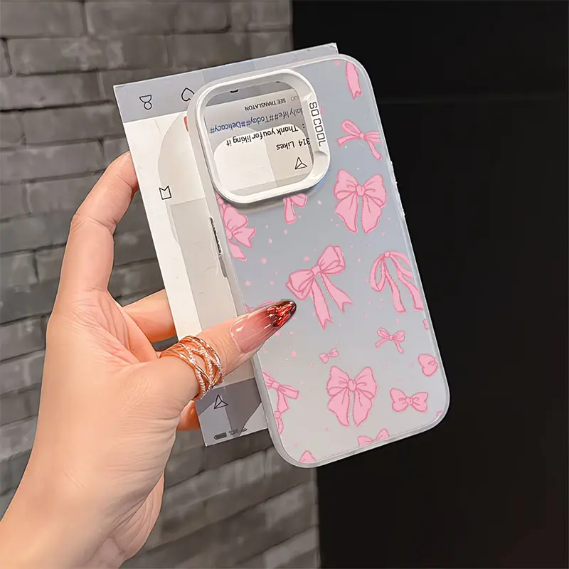 Pink Hand Drawn Bow Ribbon Phone Case，Soft Coquette Dot Print Style for iPhone 17 16 15 14 13 12 11 Plus Pro Max, Sweet Girly Daily Accessory Gift