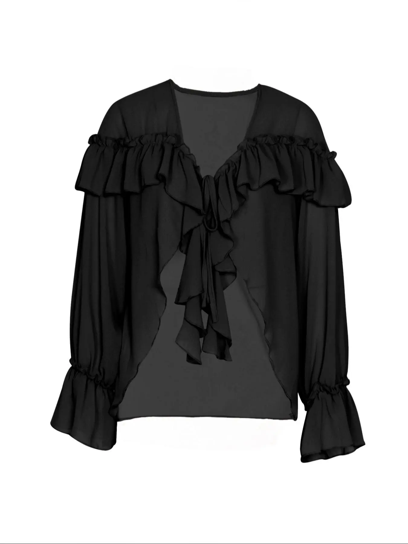 Women's French Style Layered Ruffle Chiffon Cardigan, One-Shoulder Leaf Neck Tie Waist Micro Transparent Bell Sleeve Short Shirt, Summer Sun Protection Top