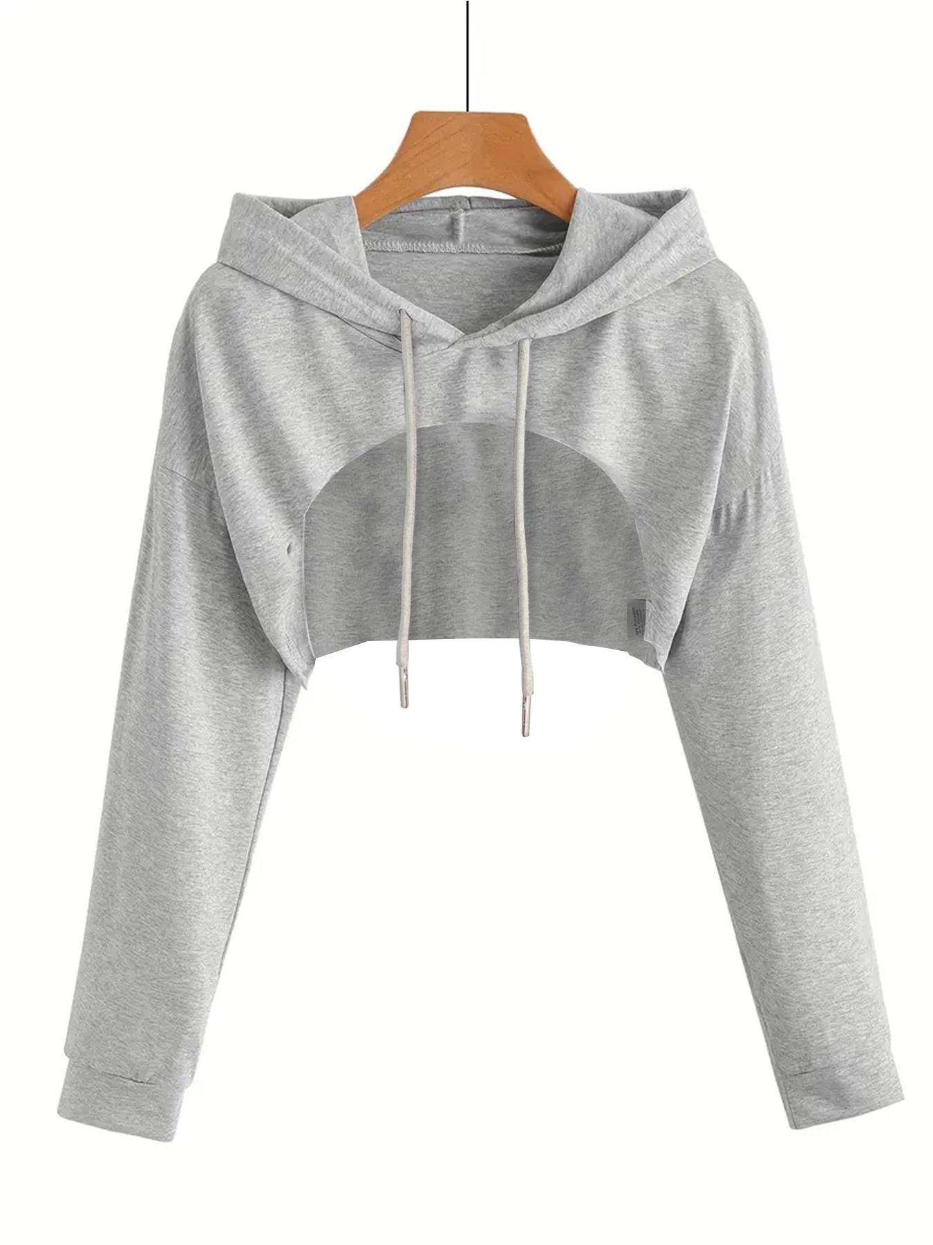 Women's Solid Drawstring Drop Shoulder Crop Hoodie, Casual Long Sleeve Hooded Sweatshirt, Casual Fitted Pullover for Spring & Fall, Ladies Clothes for Daily Wear
