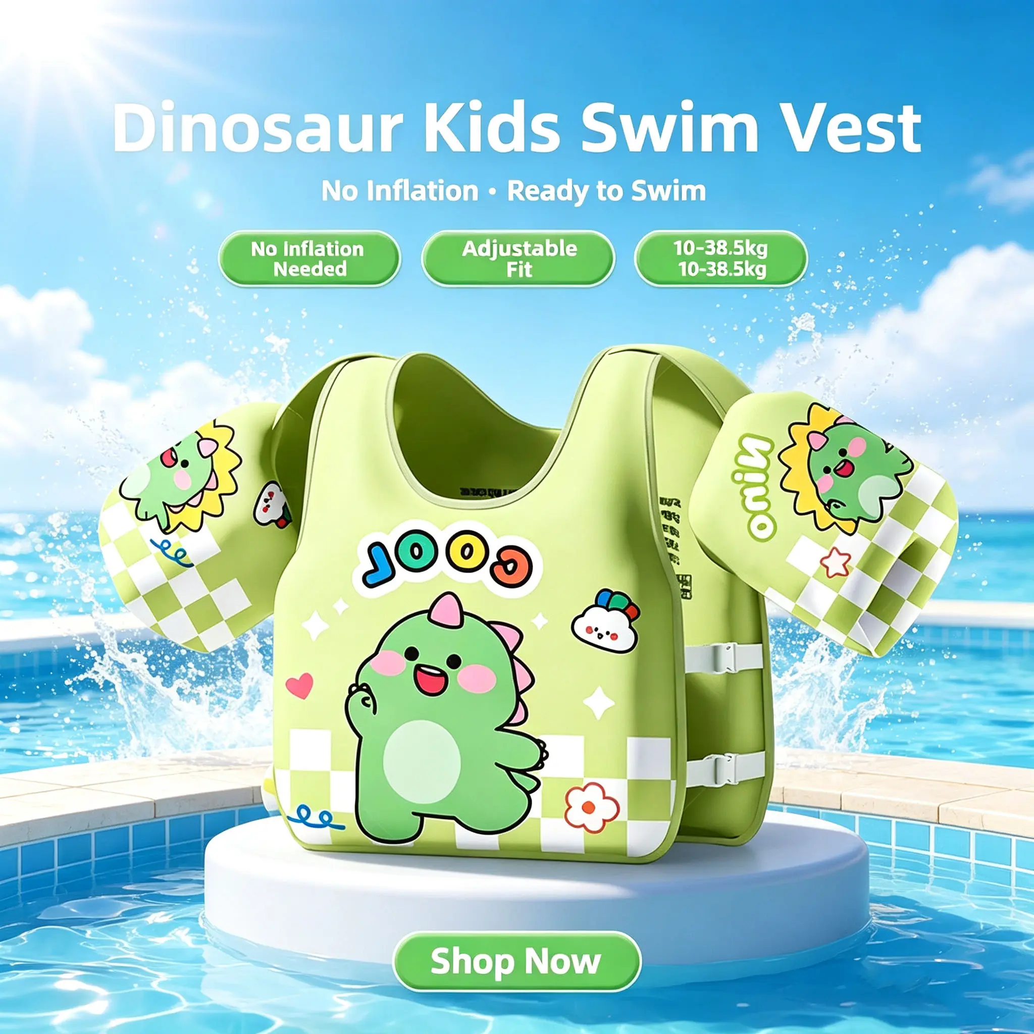 Kids Non-Inflatable Foam Swim Float Vest Arm Floaties Water Wings for Beginner Swimming