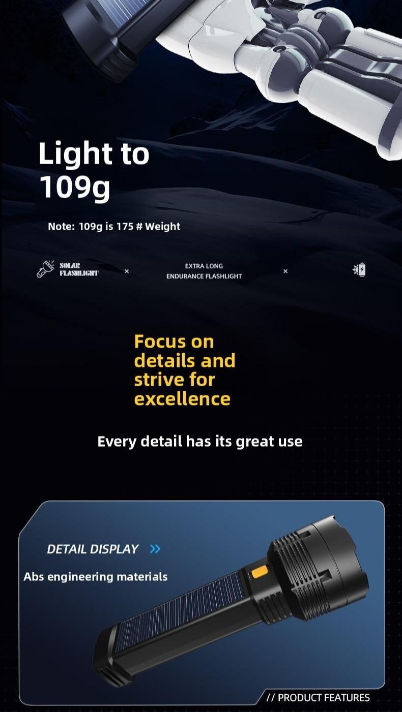 Solar Powered Flashlight, High Brightness Long Range Rechargeable Portable Torch, Concentrated Light for Camping Hiking Emergency