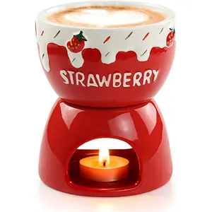 Mini Sweet Fondue Cup, Ceramic Chocolate Melting Pot and Stove Set of 2, Coffee Warmer Mug, Portable for Cheese, Butter Melting Dipping Tool for Marshmallows/Fruits for Camping/Date/Movie Night/Party