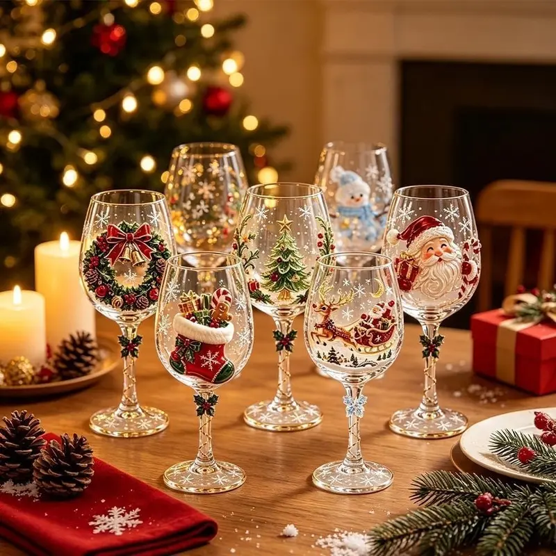 Christmas Wine Glass Collection Gift Set, Santa Claus Goblet with Snowflake Decoration, Festive Party and Table Decor, Holiday Christmas Glassware, Decorative Drinkware
