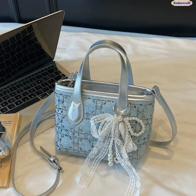 Denim Rhinestone Bucket Bag for Women, Y2K Sparkly Crossbody Handbag, Mini Phone Purse with Adjustable Strap, Trendy Shoulder Bag for Daily Wear, Shopping, Travel, Concerts and Night Out Styling