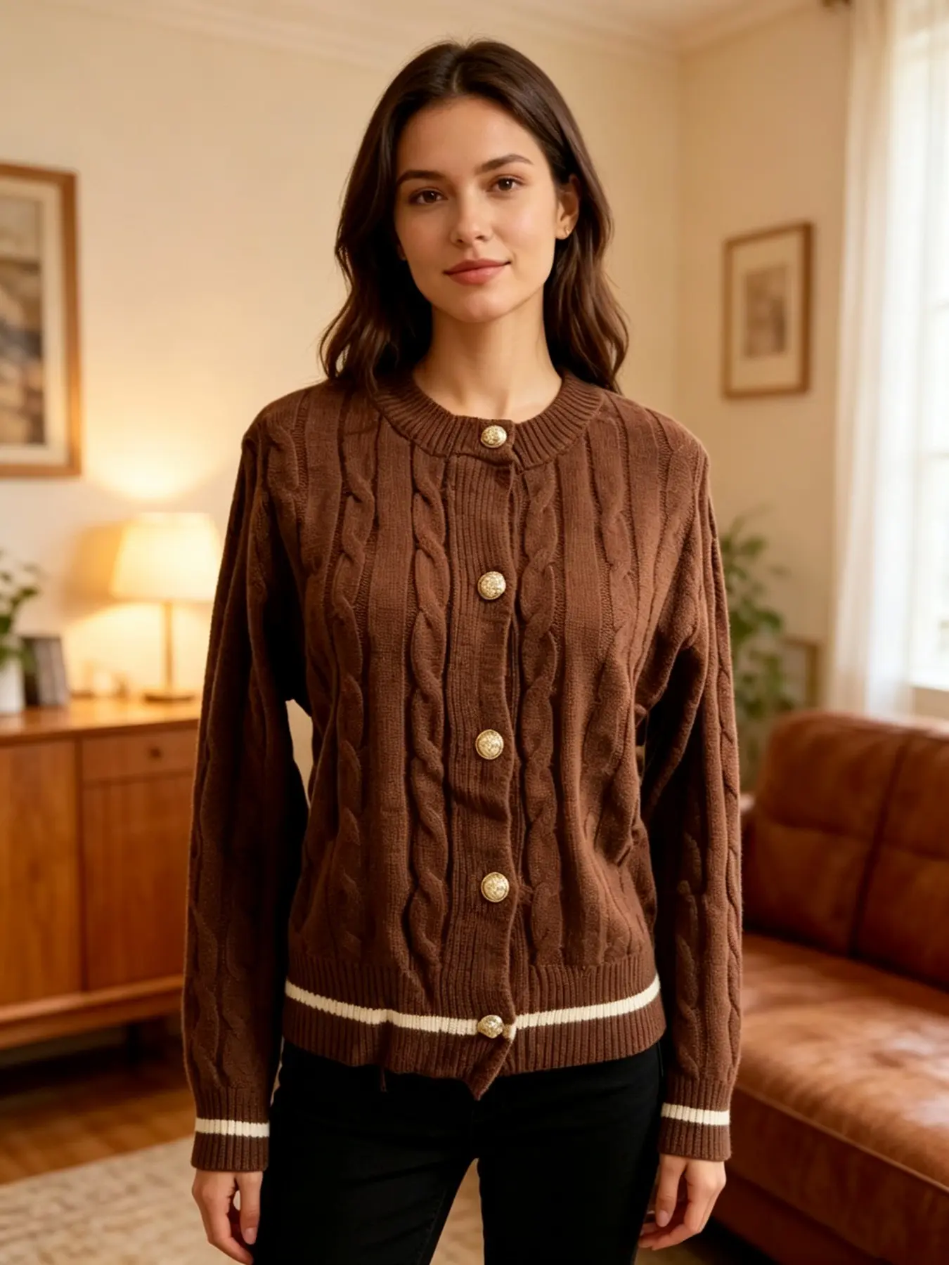 Women's Vintage Small Charming Round Neck Knit Cardigan, Buttons, Contrast Ribbed Edges, Short Sleeve Daily Wear Casual Sweater Jacket