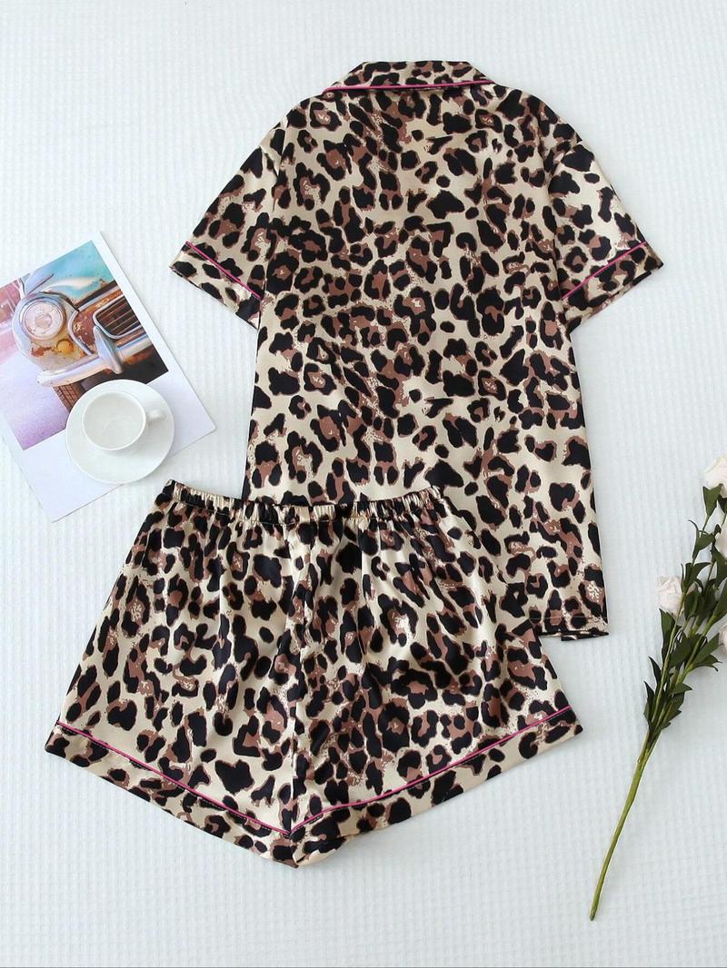 Women's Leopard Print Satin Pyjama Set, Casual Comfy Short Sleeve Pocket Shirt & Elastic Waist Shorts PJ Set, Ladies Summer Sleepwear