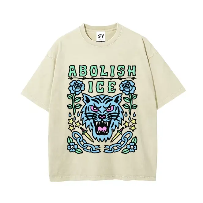 Abolish Ice Traditional Blue Tiger Rose Broken Chain Cream Washed Cotton Oversized T-Shirt, Old School Tattoo Activist Casual Outfit, Best Gift For Tattoo Art Lover Streetwear Tee