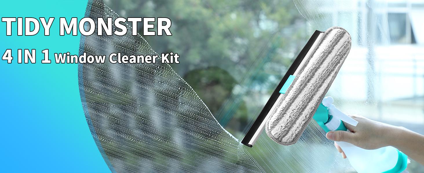 Window Cleaning Tool with Spray Bottle 4-in-1 Set Multi-Purpose Rubber Squeegee and Microfiber Cleaning Head for Dirty Indoor Glass Cleaner