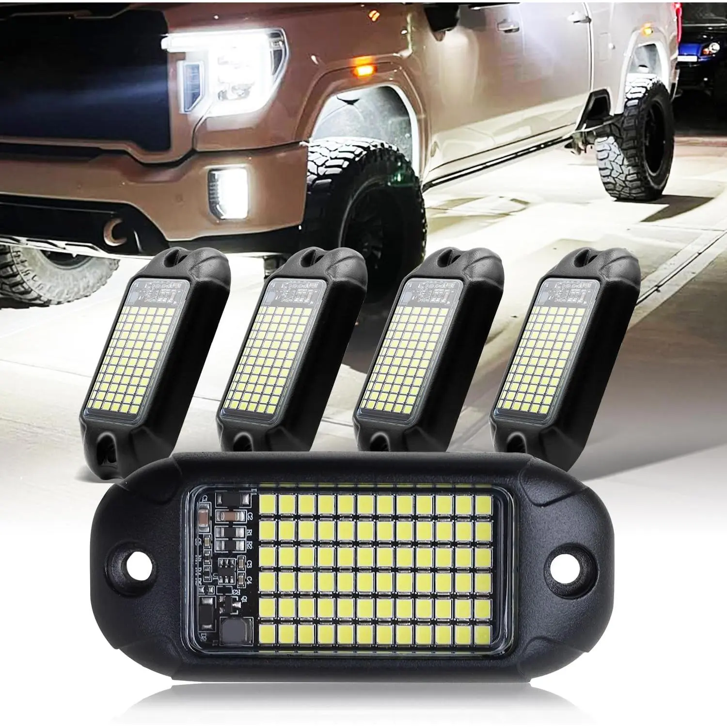 4Pods Pure White 72 LEDs SMD Chips 72w High Power Rock Lights Super Bright White Offroad Car Boat Underglow Lights IP68 Waterproof for Truck SUV UTV ATV RZR