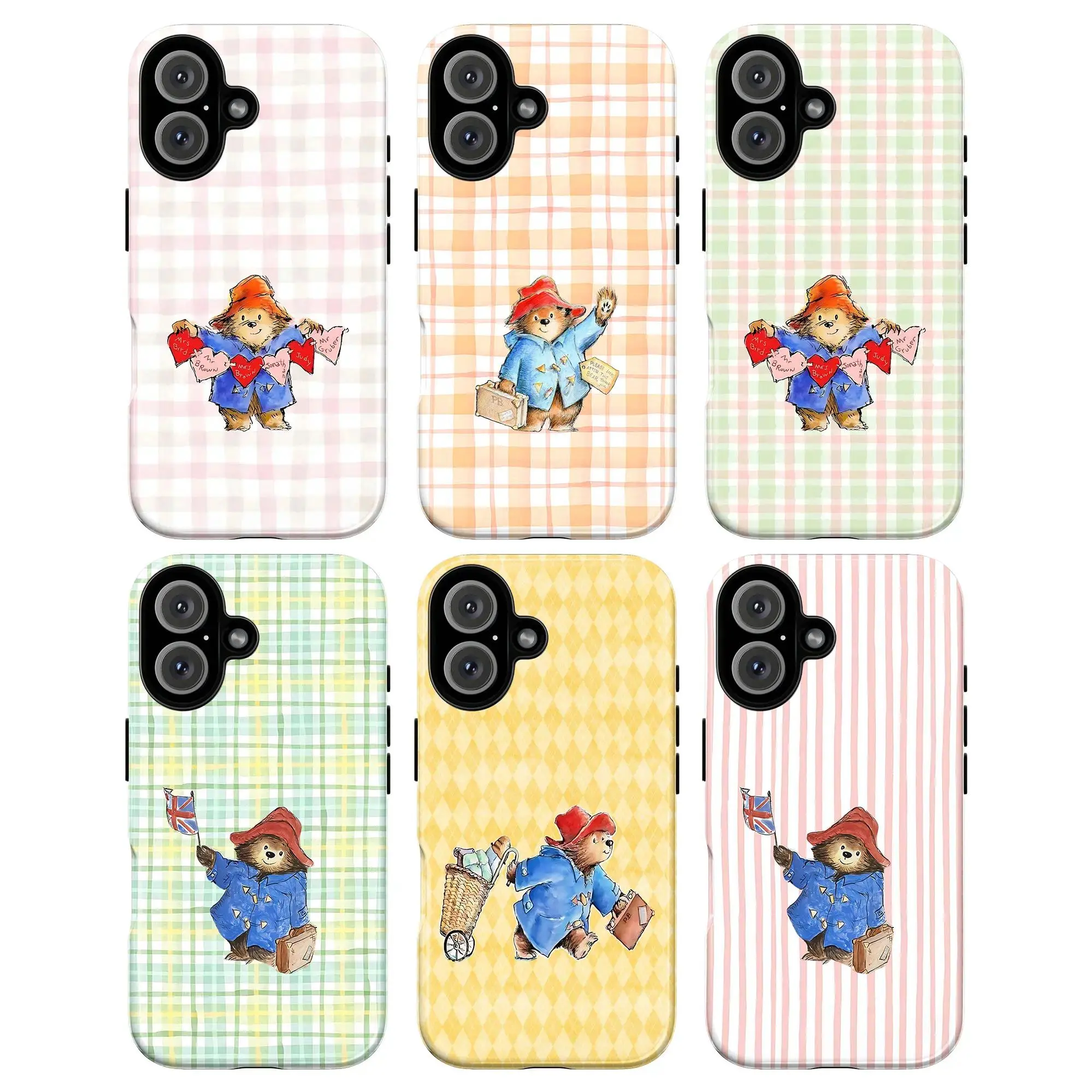 Cute Paddington Bear 2-Piece Polycarbonate & TPU Smartphone Case - Full-Wrap Print London Collage Aesthetic Striped Handheld Shell, Glossy Finish, Shockproof Resistance, Compatible with iPhone 11-17 Pro Max/Plus & Samsung Galaxy S23-25 Mobile Accessories