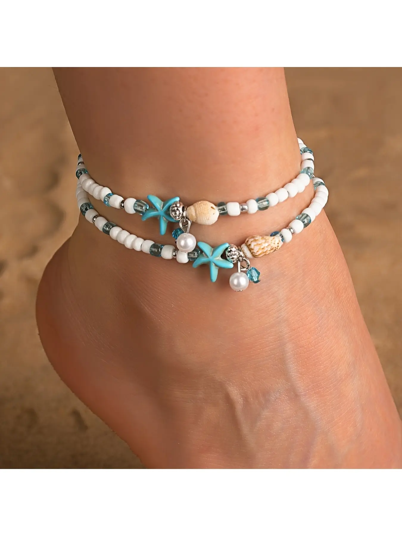 2pcs Set of Ocean Style Seashell Starfish Pendant Double Layer Stackable Anklet, Blue White Acrylic Rice Bead Tassel Anklet Adjustable Size, Suitable for Women's Beach Vacation Wear And Perfect Holiday Gift for Girlfriend