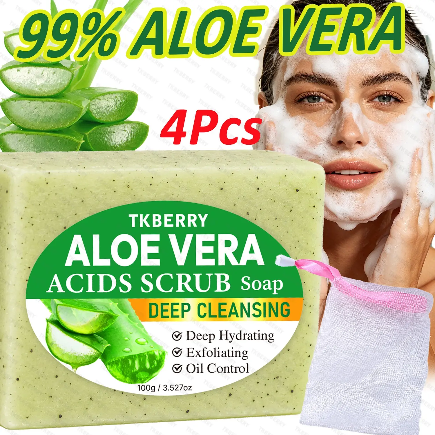 100g*4Pcs 10-in-1 Aloe Salicylic Acid Scrub Soap,99%aloe, Oftens Skin, Scrub Cleanser, Unclogs Pores, Cleanses Skin, Moisturizes, Unisex, Can Be Used All Over The Body, Suitable for All Skin Types,Smooth skin,Portable,Add a bubble net as a gift
