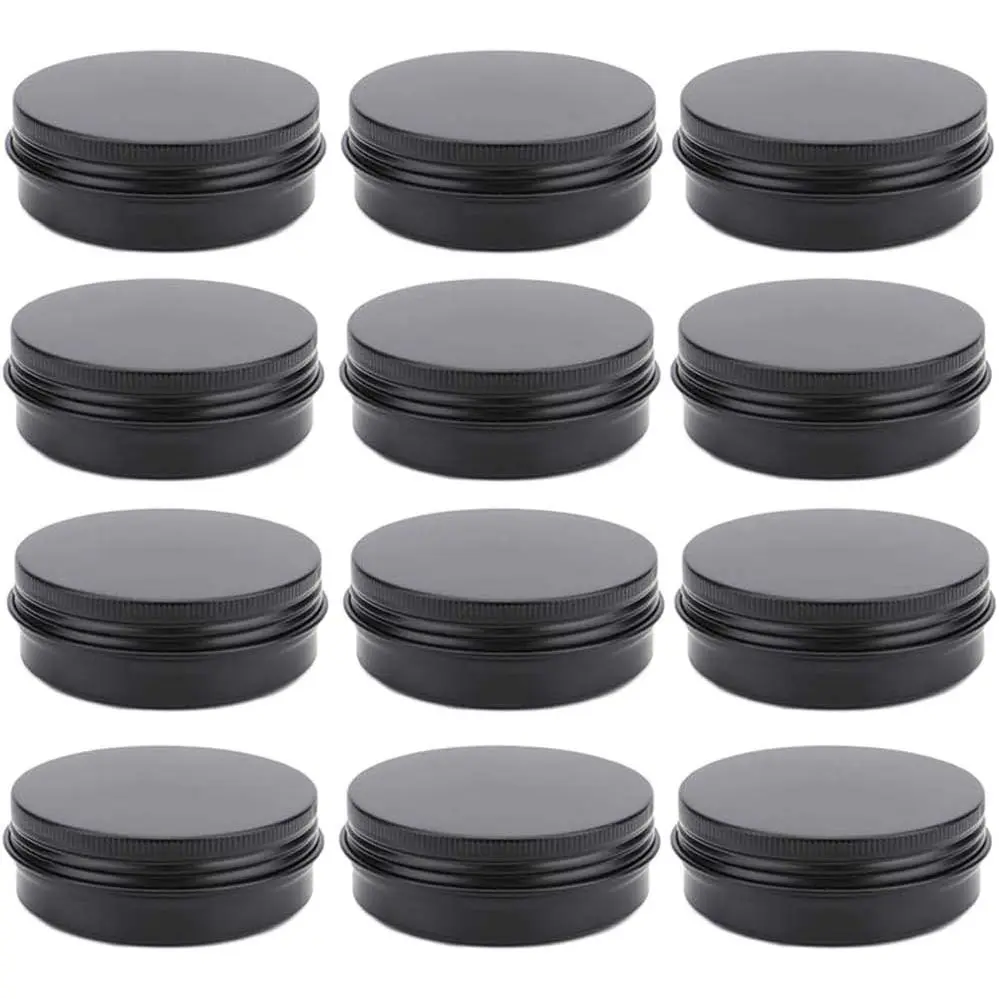 12 Pack 2 oz  Tin Jar 60 ml Round Refillable Containers,Black   Sample Containers with Screw Lid for ,Salve, or Candies