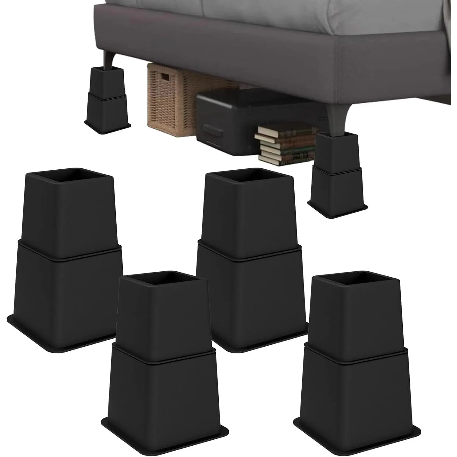 Bed Risers 8 inch Heavy Duty Set of 4 Adjustable Furniture Risers, Elevation Heights of 3, 5 & 8 Inches, Supports Up to 1300 lbs for Under-Bed Storage, College Dorms, Table and Couch Black