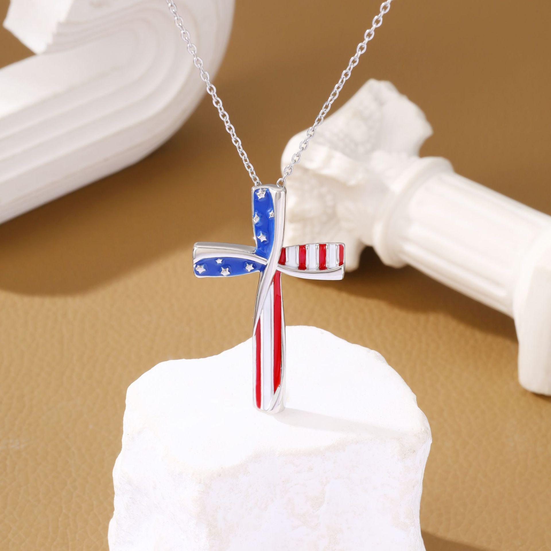 European and American American Flag Cross Pendant Necklace Unisex Accessories