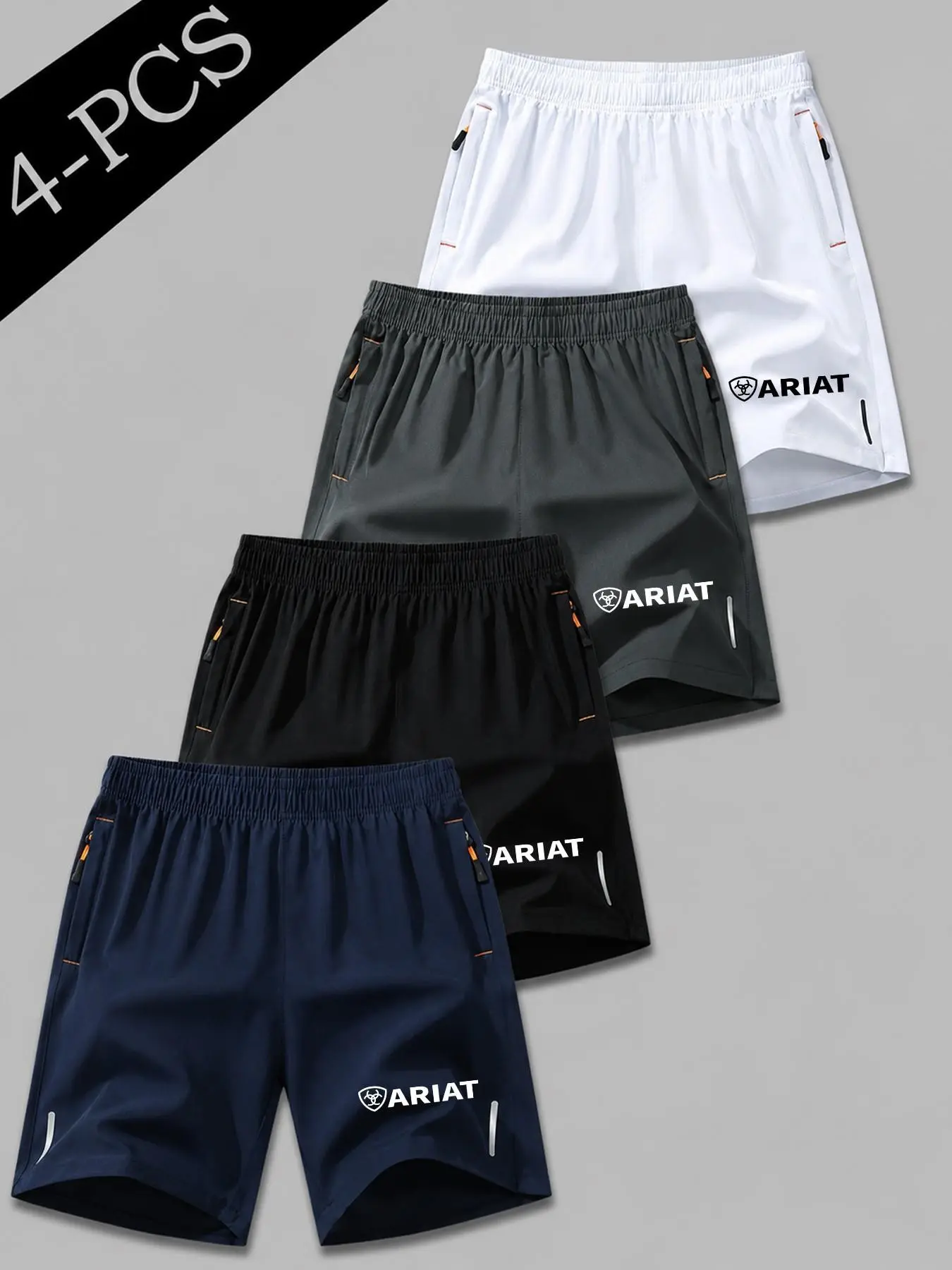 4-Piece Sporty Shorts Set, Outdoor Casual Wear, Western Style, Brand Logo Print, Lightweight Quick-Dry Breathable Fabric, Unisex, Outdoor Sports Shorts, Athleisure Shorts