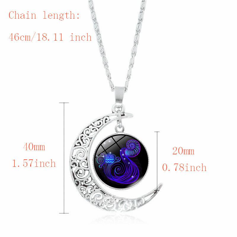12 Constellation Necklace, Zodiac Moon Glass Gemstone Pendant, European & American Fashion Jewelry