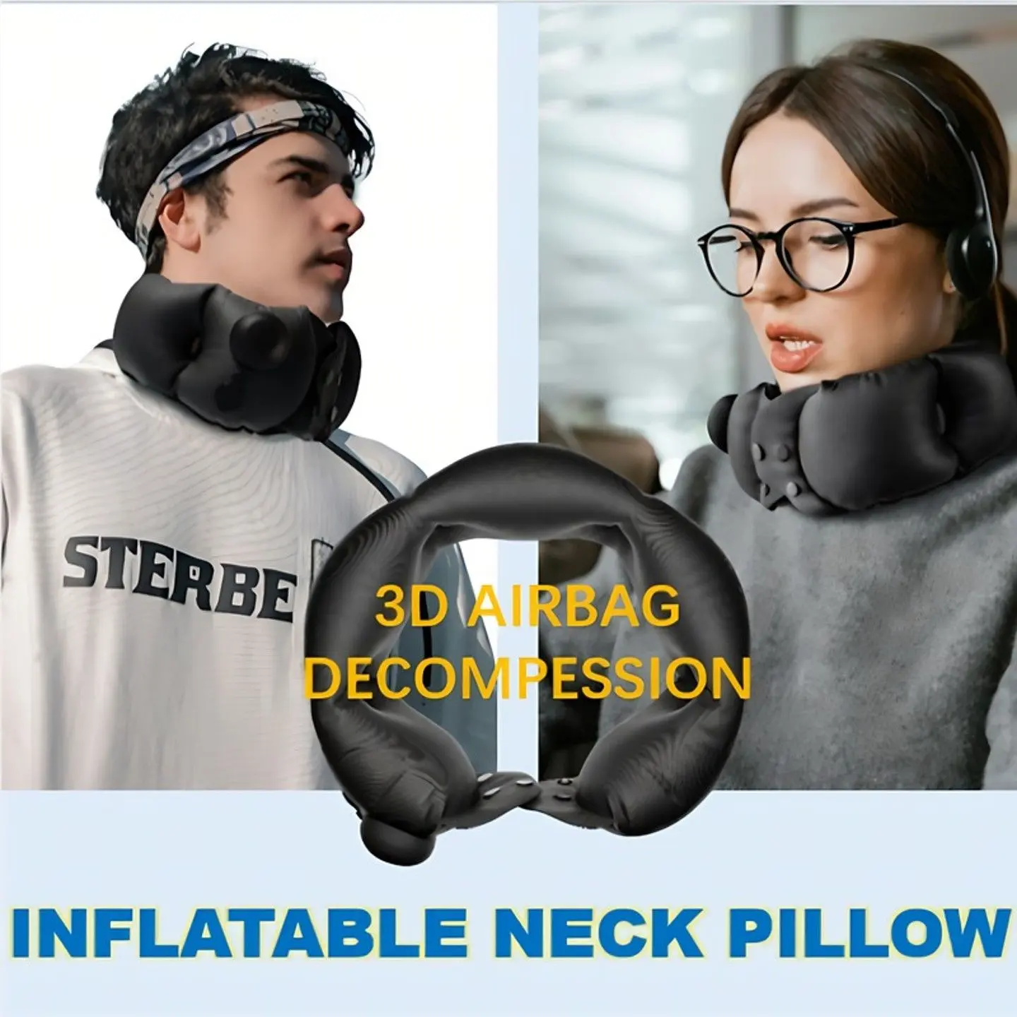 Inflatable Travel Neck Pillow - Skin-Friendly Material, Adjustable Softness, Balanced Support for Airplane/Train/Car Long Trips