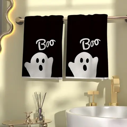 Soft-Touch Halloween Ghost Hand Towels, 2-Pack, 40 × 60 cm, Highly Absorbent Polyester Towels for Kitchen and Bathroom, Festive Holiday Home Decor