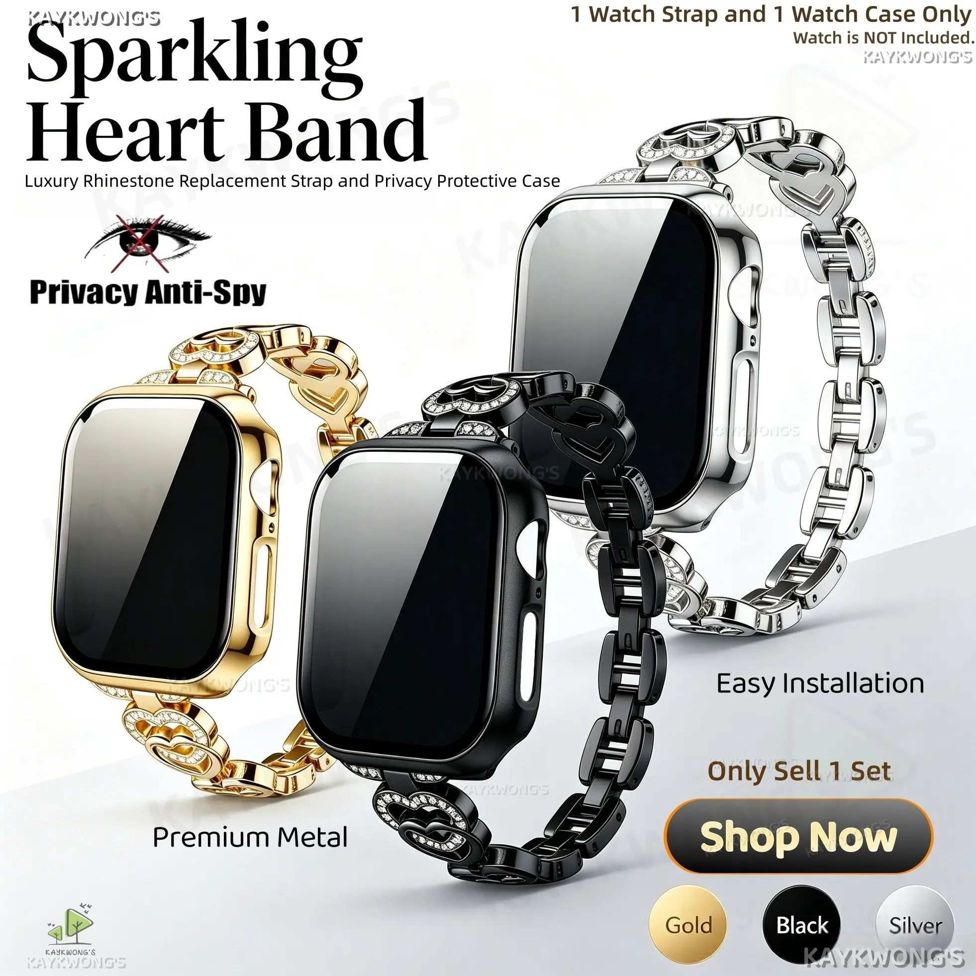 KAYKWONG'S Women's Heart-Shaped Rhinestone Metal Watch Band with Anti-Spy Tempered Glass Case, Luxury Sparkling Strap, Fits for iWatch 11/10/9/8/7/6/5/4, 40mm/41mm/42mm/44mm/45mm/46mm/49mm Models