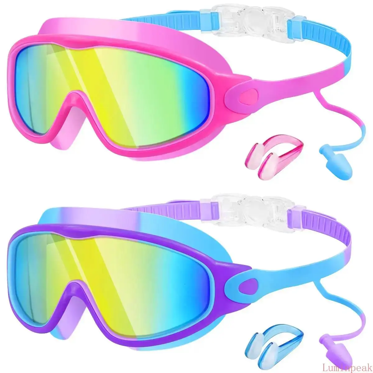 Swim Goggles 2 Pack for Kids Ages 3-15, Wide View Mirrored Silicone Goggles with Anti-Fog & UV Protection, Leakproof with Built-in Earplugs & Nose Clip, Kids Swim Goggles