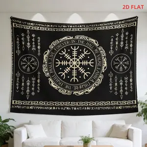 2D Flat, 1 Large Norse Viking Tapestry Wall Hanging - Vegvísir Viking Compass Rune Chart with Celtic Knots, Viking Runes Decor Suitable for Bedroom, Living Room, Meditation Space, Rune Wall for Office Decoration, 2D Flat