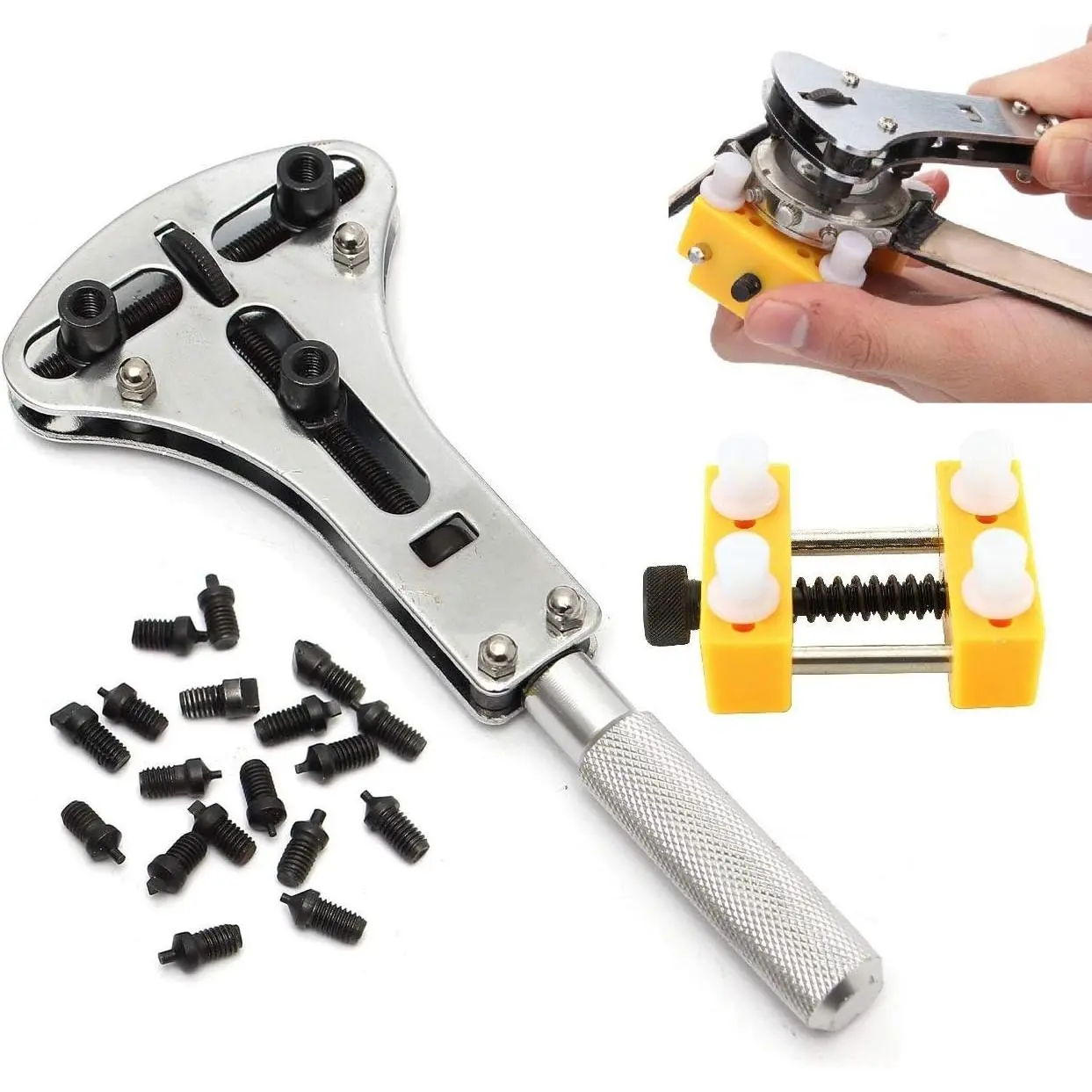 Heavy-Duty Stainless Steel Watch Repair Tool Kit Set - 3-Point Wrench Screw Case Remover, Back Case Opener, Battery & Movement Holder for Maintenance (Inches Compatible)