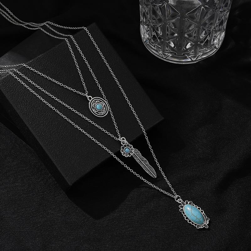 3 Pcs Boho Turquoise Layered Stackable Necklace Set, Silver Vintage Bohemian Jewelry for Women