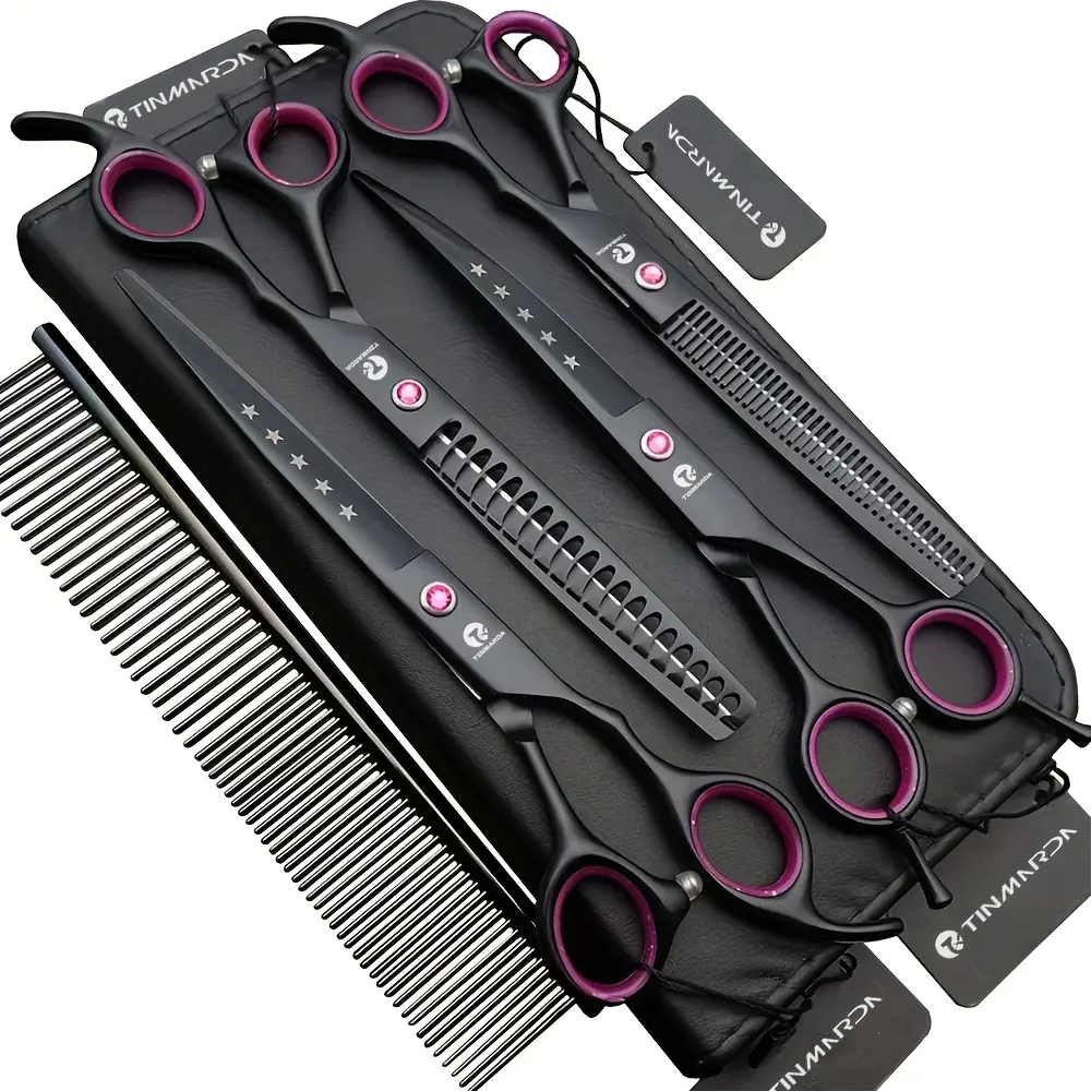 Professional 7.0 In Stainless Steel Dog Grooming Scissors Set - 4pcs (Straight, Thinning, Curved, Chunkers) with Comb, Long-Lasting for Thinning Cut