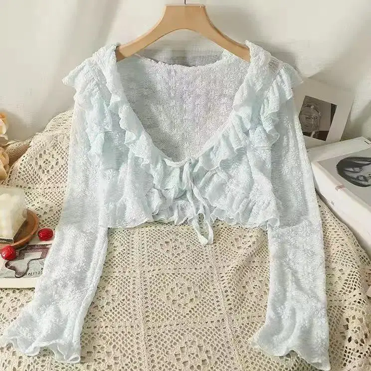Japanese Vintage Sweet Lolita Cardigan Women Elegant Ruffles Long Sleeve Blouse Female Cute Slim Tops Subculture Y2k Blusas
