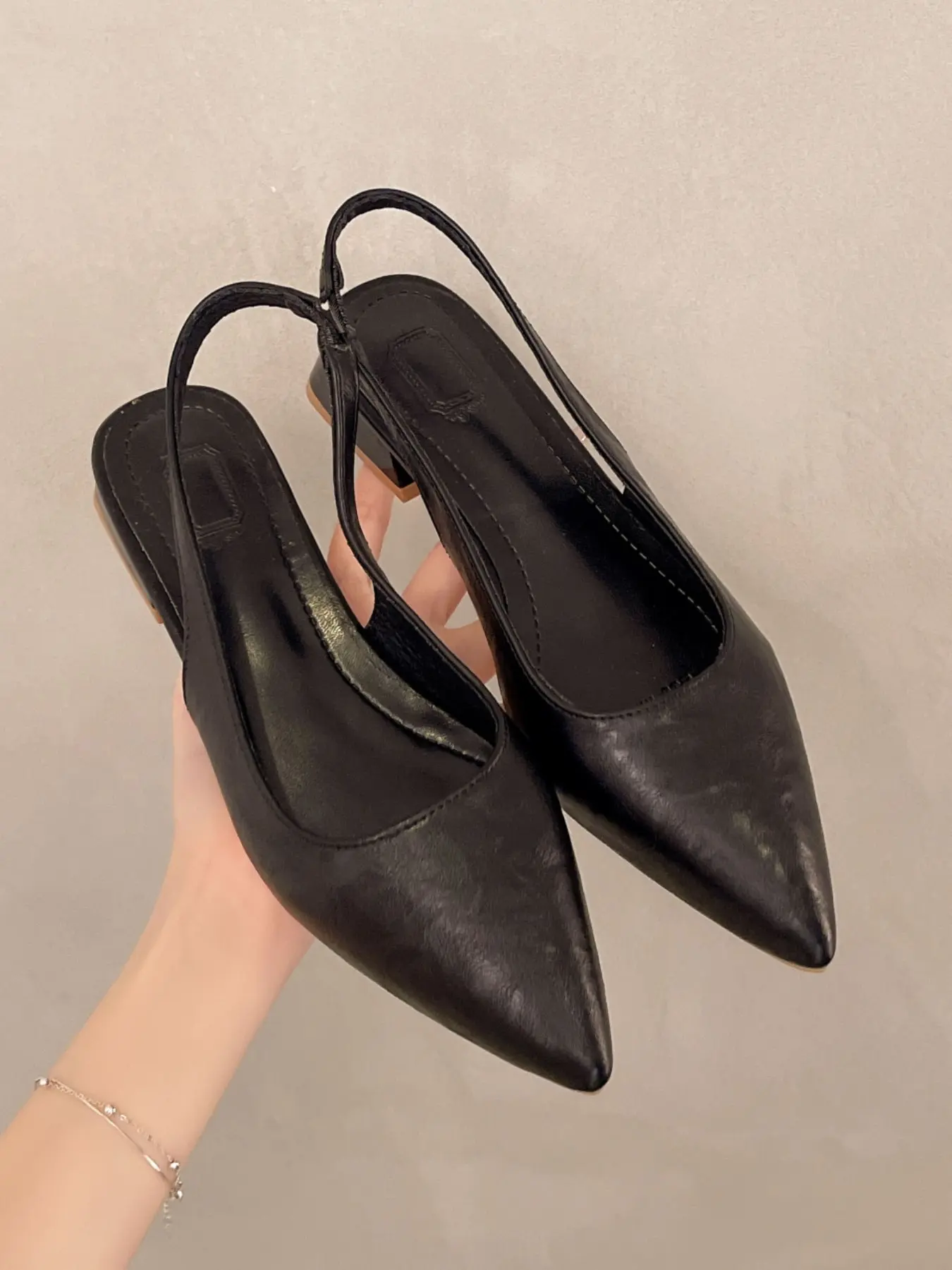 Women's Minimal Crinkle Leather Pointed Toe Elastic Slingback Low Block Heel Pumps, Elegant Sandals, Slip On Backless Non Slip Cloud Cushioned Arch Support All Day Walking Comfort Office Date Bridal Casual Footwear Silver Off White Brown Four Versatile T