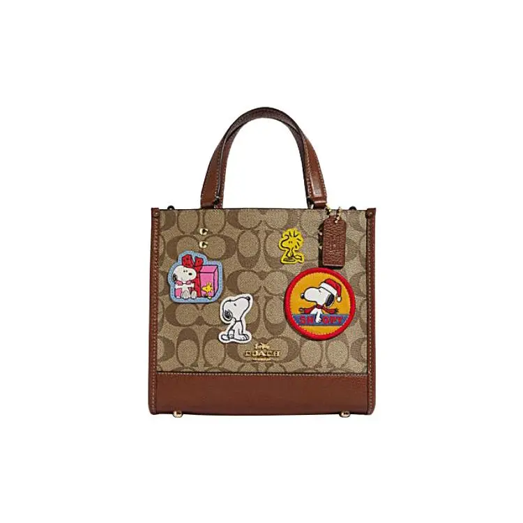 COACH x Peanuts Snoopy Dempsey 22 Tote Bag for Women – Classic Monogram, Full-Grain Leather, Brown
