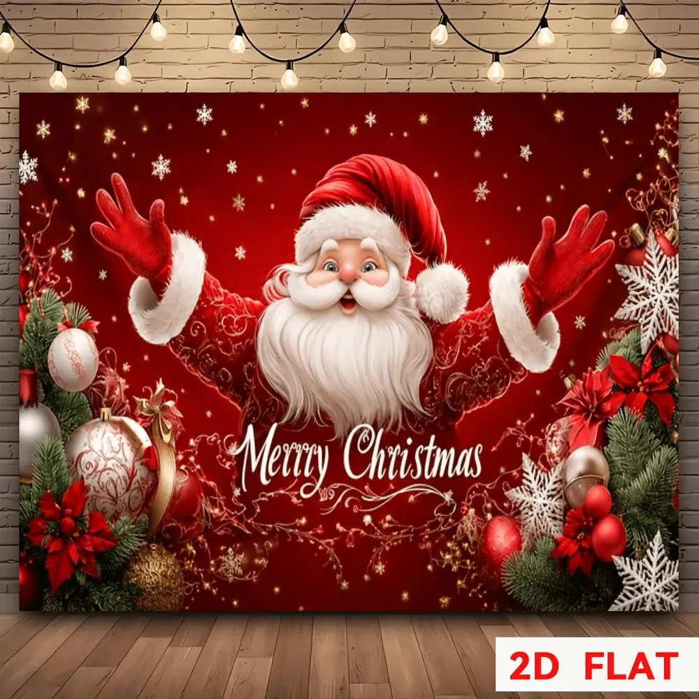 2D Flat HD Digitally Printed Polyester Photography Backdrop, Red Christmas Theme with Waving Santa Claus & Snowflake Ornaments, Soft Lightweight Foldable Cloth, Glam for Holidays & Photo Shoots