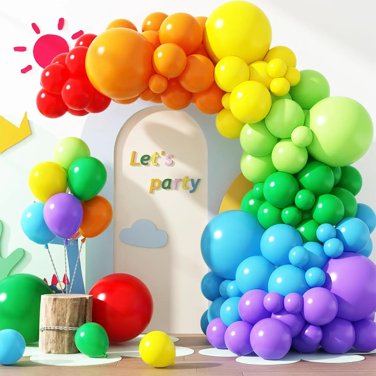 Colorful Rainbow Balloon Arch Kit with Pump - 129pcs Latex Balloons (18in, 12in, 10in, 5in Sizes) for Birthday Party Decorations