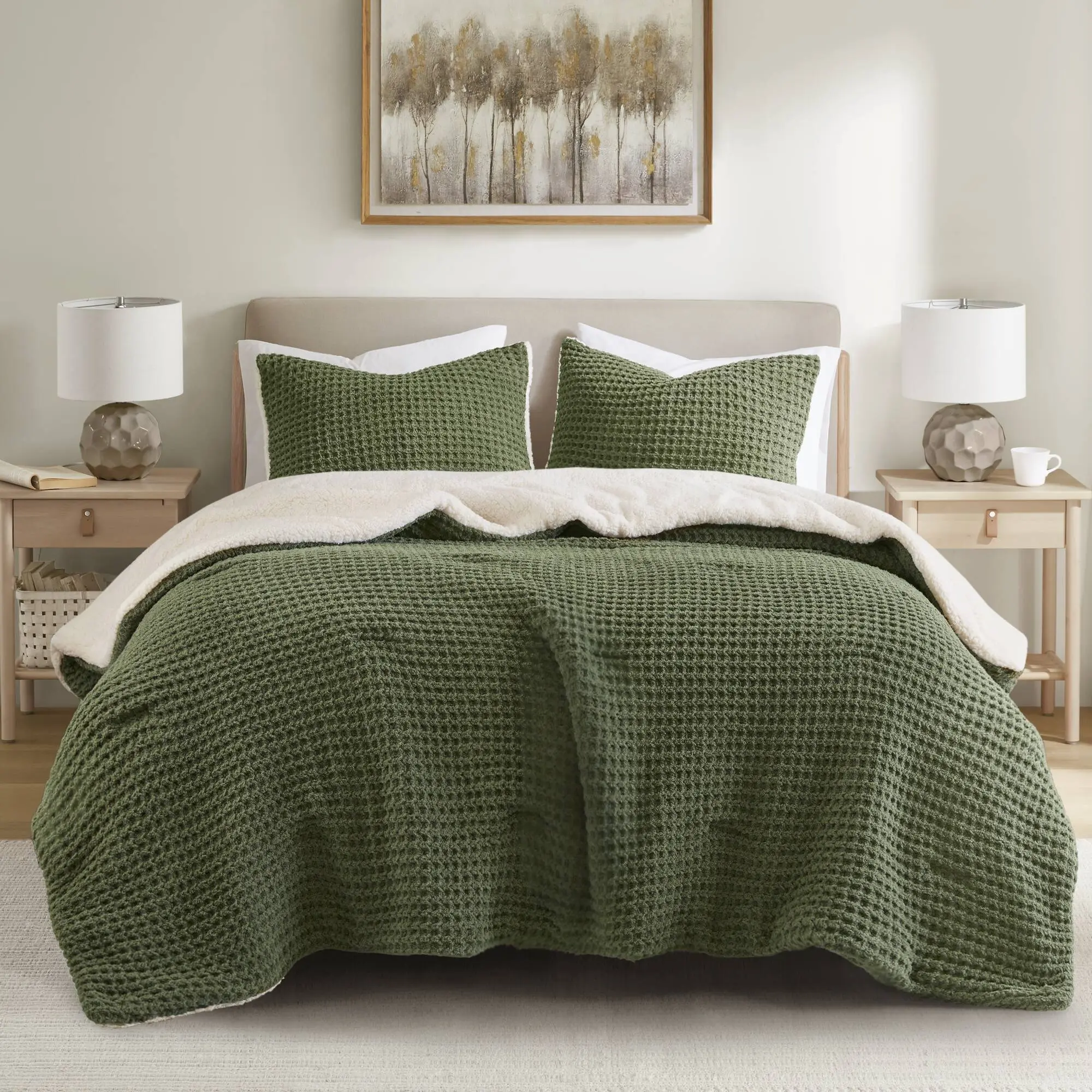 ARCH 3-Piece King/Cal King Waffle Knit Chenille Comforter Set, Olive Green Soft Textured Bedding, Lightweight All-Season Down Alternative Quilted Blanket, Cozy Bedroom Decor, Machine Washable, 1 Comforter & 2 Pillow Shams, Home Furniture and