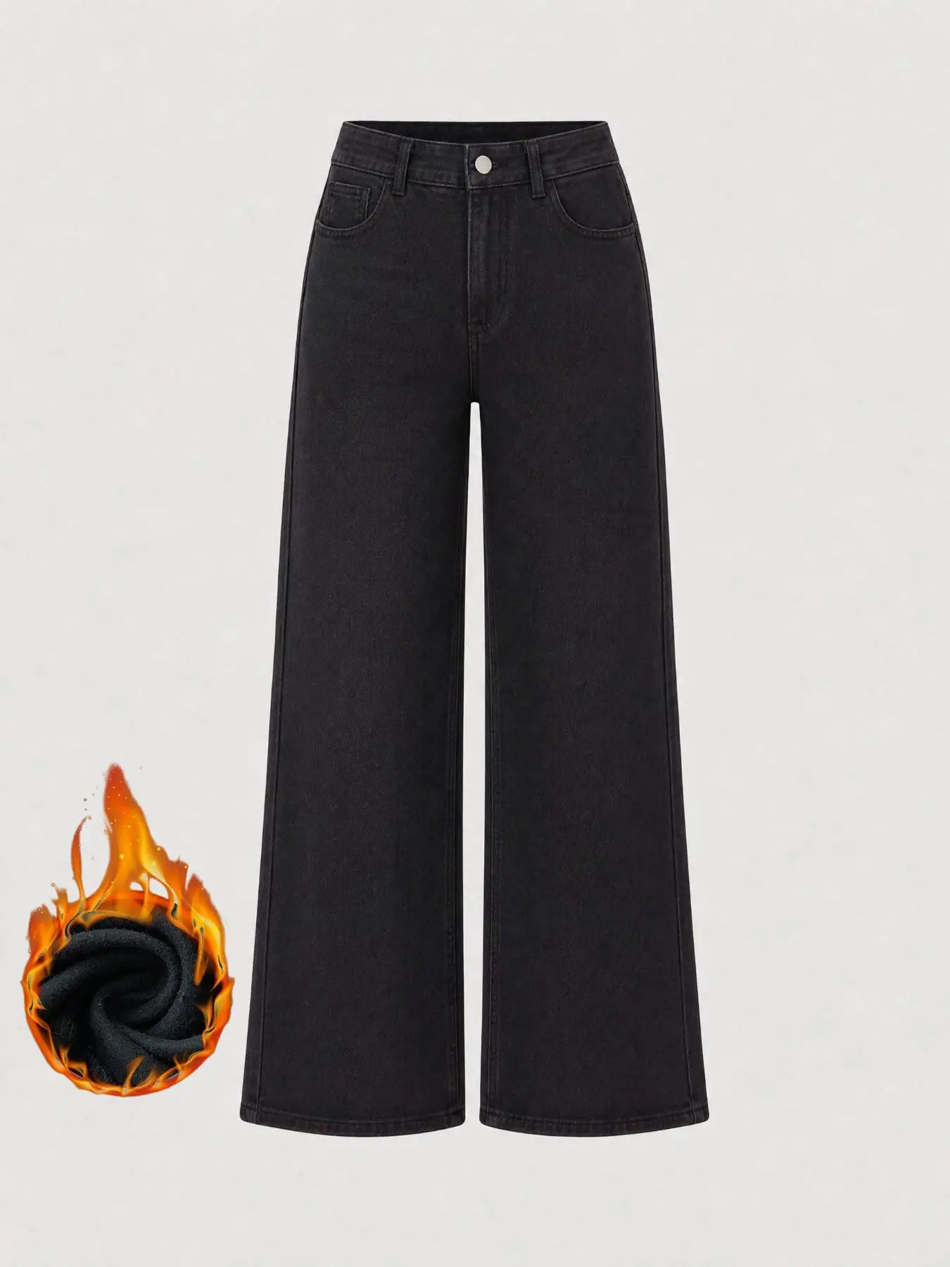 Fleece Lined Thick Black High Waist Wide Leg Jeans for Women, Loose Straight Denim Pants Streetwear Fashion
