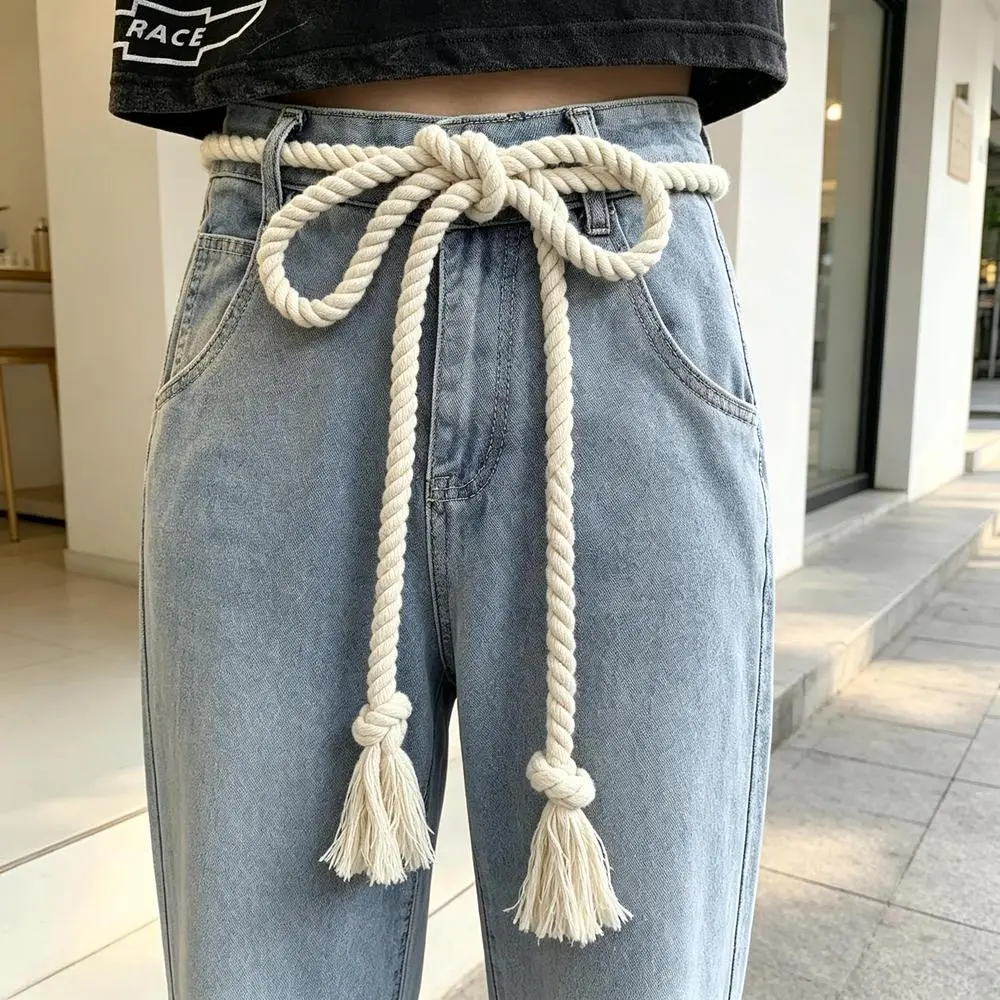 Women's Handmade Cotton String Belt - 180cm, Belts for Women, Front Bow Tie-Up Knotted Rope Design, Tassel Ends, Bohemian Casual Jeans Accessory