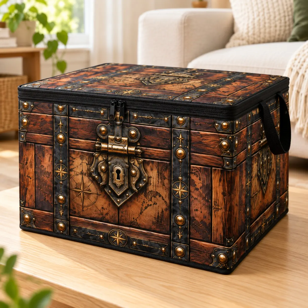 Vintage Wooden Treasure Chest Storage Box, Pirate Map and Compass Brass Accents, Decorative Organizer for Home and Office, Home Decor Organiser