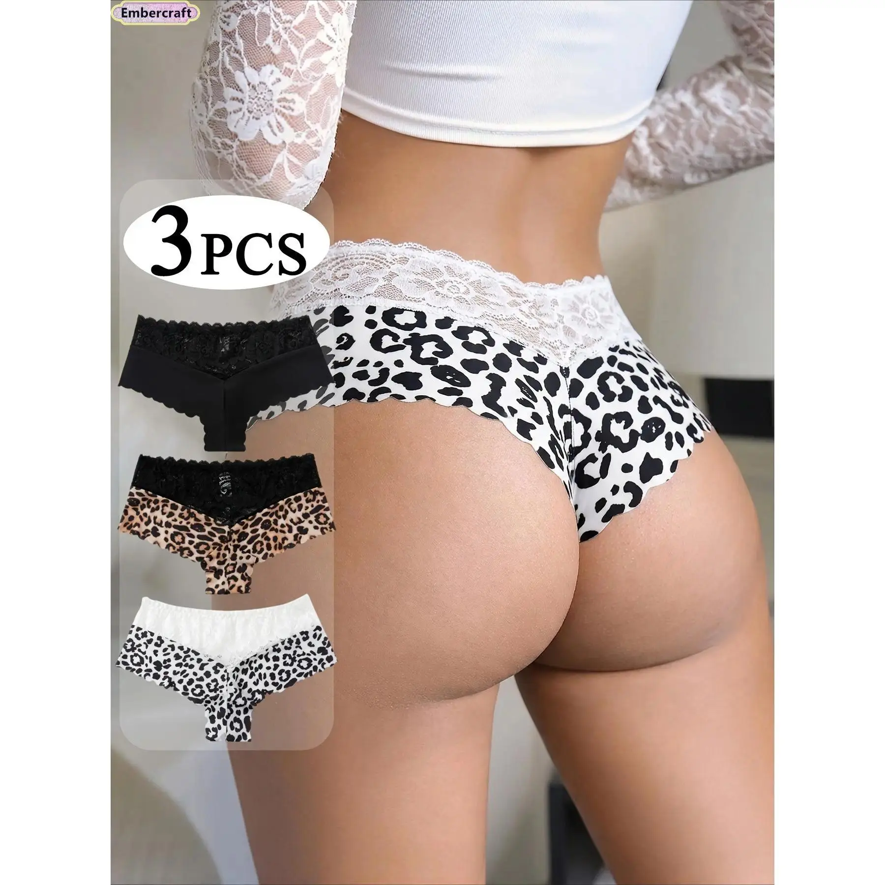Women's Animal Print Breathable Lace Lingerie Set with 3-Pack Seamless No-Show Short Bikini Briefs, Soft Stretch Lace Panties, Honeymoon Gift, Everyday Sport & Outdoor Underwear