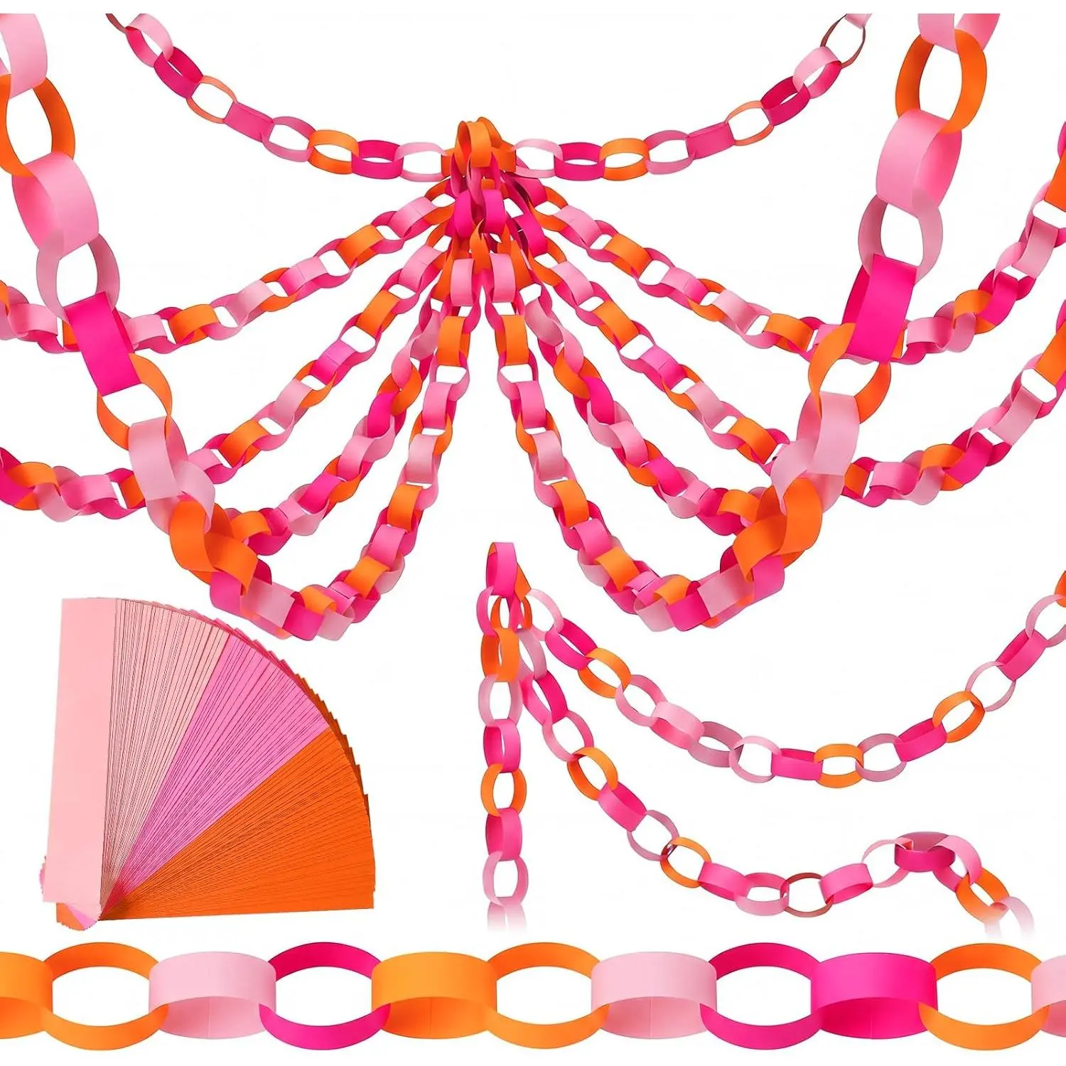 300 Sheets  Orange Color Paper Chain Strips, Summer Party Paper Chains, 46   Length Garland for Birthday,  Shower, Wedding & Luau Party Decorations with 1 Double Sided Tape
