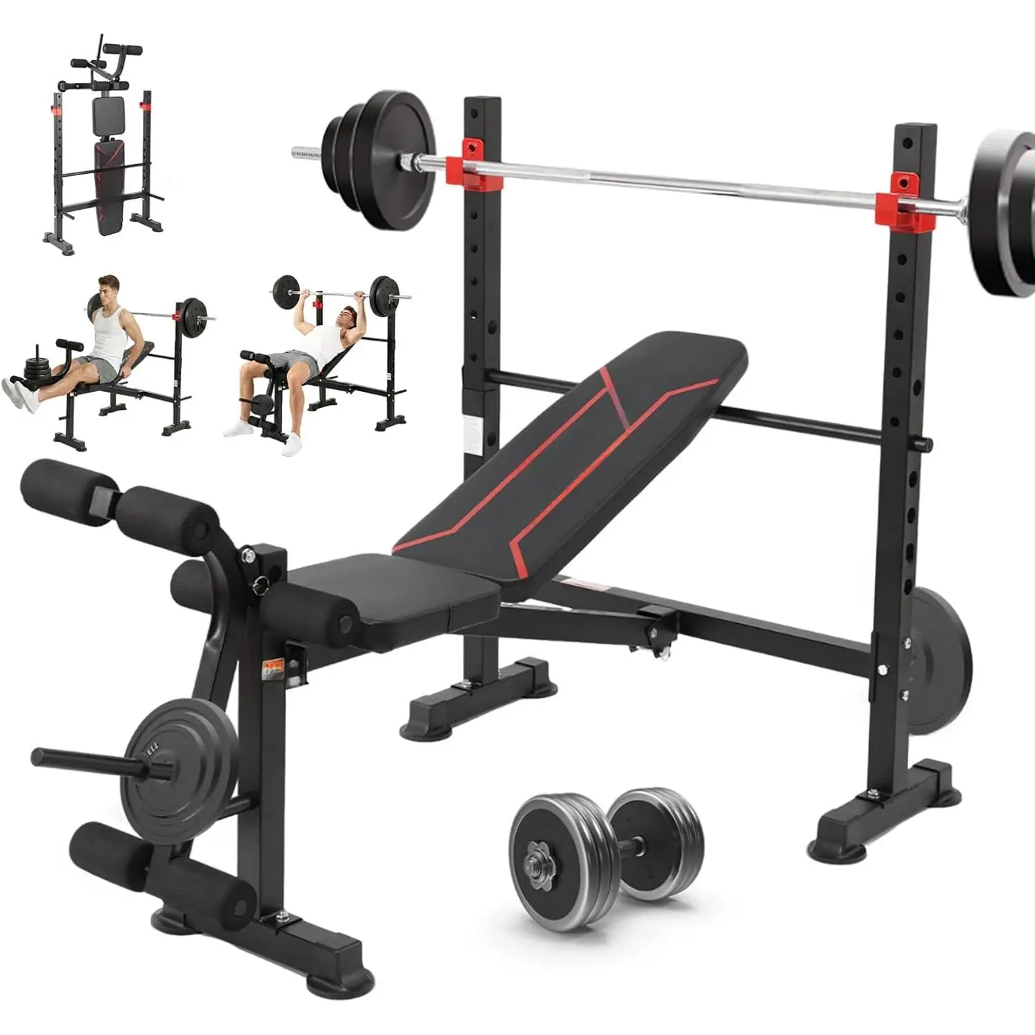 1500LBS Foldable 8 IN 1 Weight Bench Set, Adjustable Flat Incline Decline Bench Press with Upgraded Wide Squat Rack and Leg Extension for Full Body Home Gym Workout
