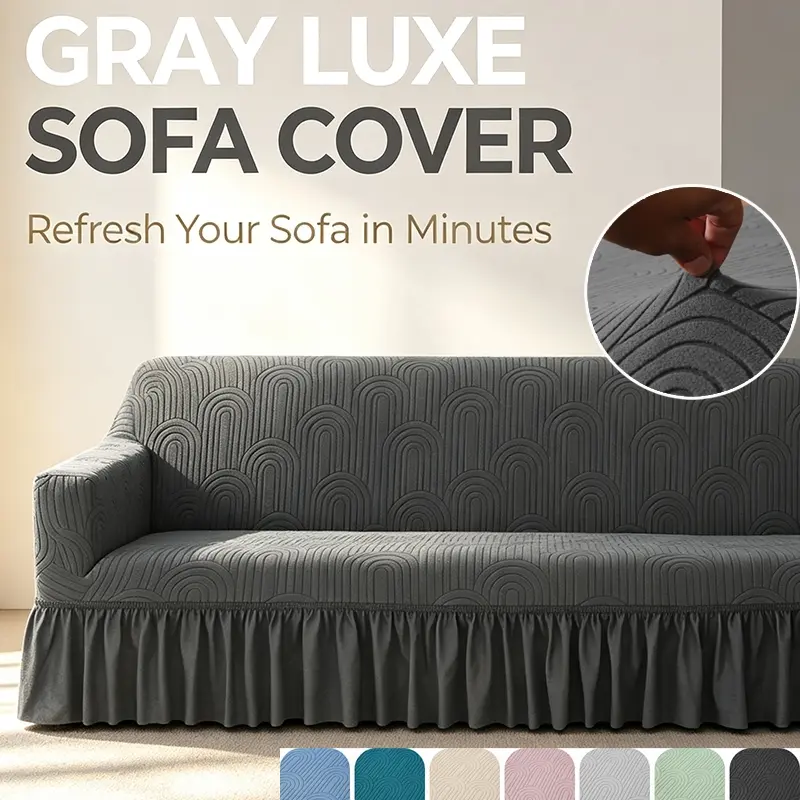 Full Wrap Couch Cover, Thick Stretch Sofa Slipcover with Decorative Ruffle Skirt, Fits Most 1 2 3 4 Seat Couches, Pet Proof & Washable Sofa Protector, Grey