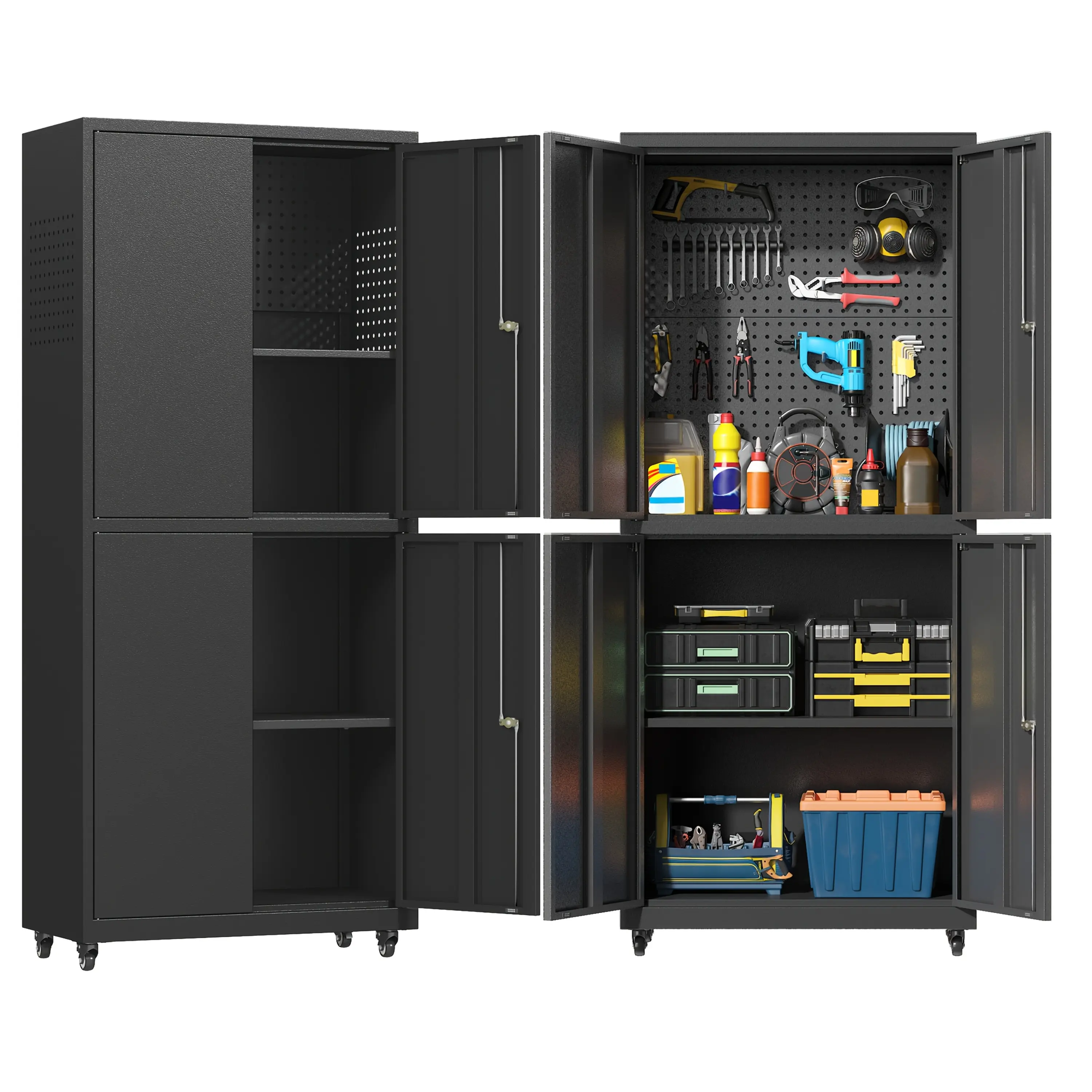 71" Heavy-Duty Metal Garage Storage Cabinet with Wheels, Adjustable Shelves & Hanging Tool Doors - 3.2 Cu Ft Capacity, Contemporary Black Freestanding Tool Organizer for Garage & Workshop, Garage Storage Solution |   Floorstanding Cabinet |   Durable Meta